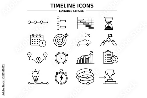 Set of Minimalist Timeline Icons Including Calendar Chart Lightbulb and Hourglass