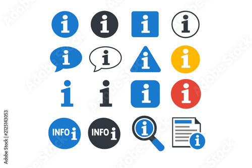 Variety of Colorful Information Icons on Black Background Featuring Circles and Squares