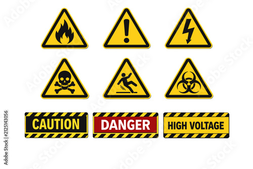 Various Caution and Danger Signage Featuring Hazard Symbols on a Yellow Background