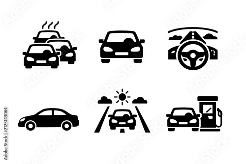 Stylized Icon Set Depicting Various Aspects of Road Travel and Vehicles