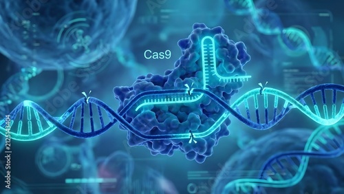 A dynamic 3D render illustrating the CRISPR-Cas9 gene-editing technology in action, showing DNA strands being manipulated by the Cas9 protein within a cellular environment