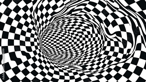 An optical illusion of a black and white checkered tunnel that appears to warp and twist, creating a sense of movement and depth