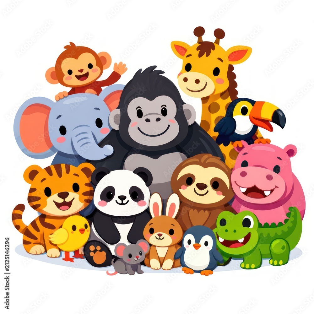 Obraz premium Cute cartoon animals grouped together, including a monkey, elephant, and panda.