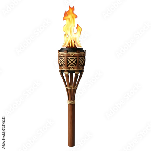 Traditional tiki torch with bright orange flame on wooden pole isolated on white background for decor