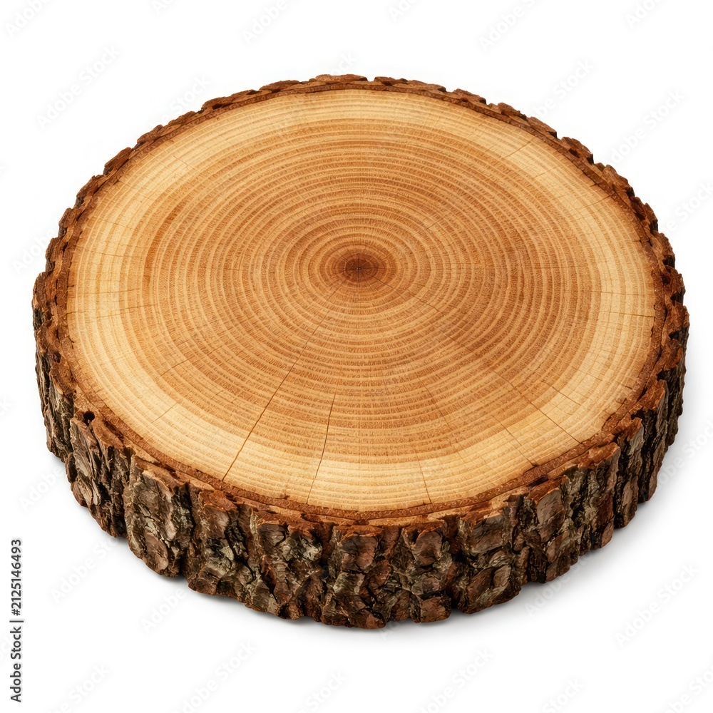 Obraz premium Close-up of a cross-cut tree trunk log slice with visible growth rings and bark.