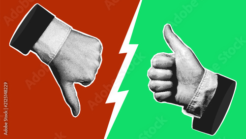 Two halftone businessman hands showing thumbs up and thumbs down split by lightning on red and green background. Vector illustration for business evaluation and opposing decision concepts.