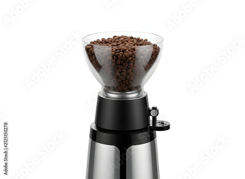 Close-up of a modern electric coffee grinder with a clear hopper full of whole roasted coffee beans, isolated on white.