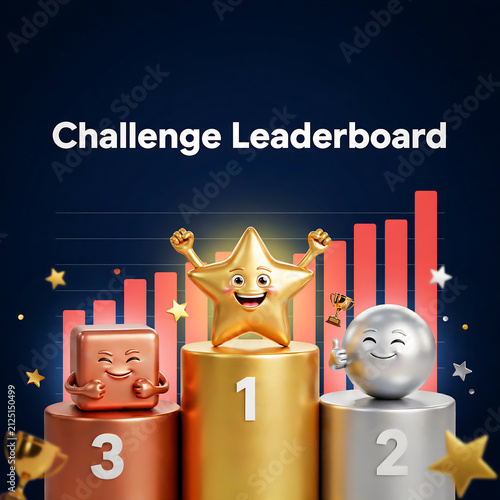 Three dimensional gamified challenge leaderboard scene with podium numbers gold star trophy and rising performance growth bar chart concept