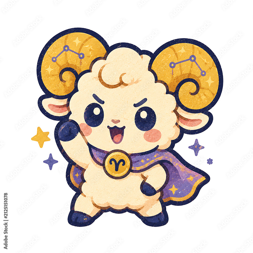 Obraz premium Adorable chibi Aries ram with golden horns and a purple cape.