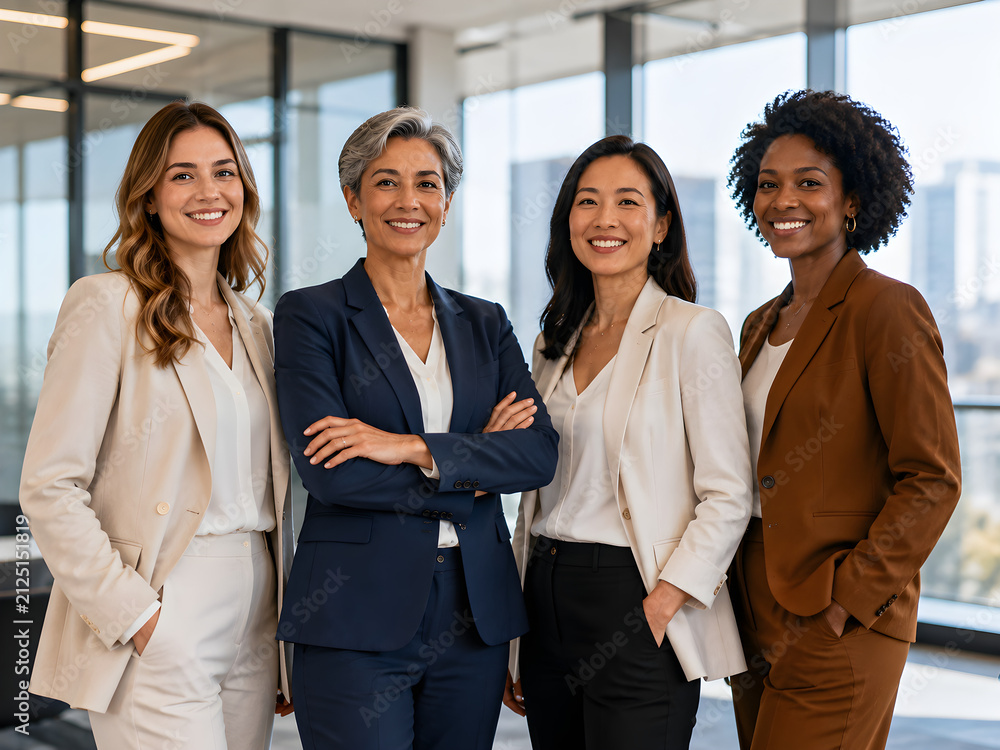 Obraz premium Confident Diverse Businesswomen Standing Together in Modern Office for Women's Equality Day, Celebrating Female Leadership, Workplace Inclusion, Diversity and Career Success