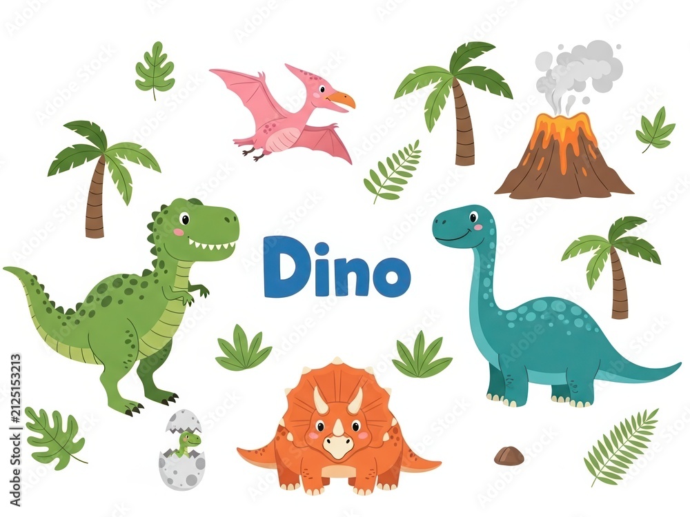 Naklejka premium Collection of cartoon dinosaurs, palm trees, volcano, and leaves