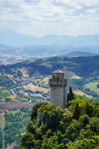 Montale Tower of San Marino on Rocky Peak Above Misty Apennine Landscape