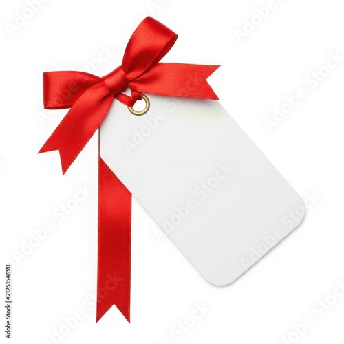 A blank white rectangular price tag decorated with a bright red ribbon