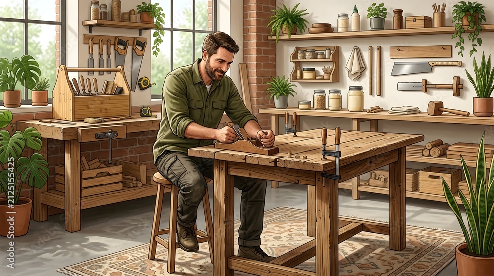 Fototapeta premium Skilled carpenter shaping wood with hand plane at rustic workbench in bright home workshop