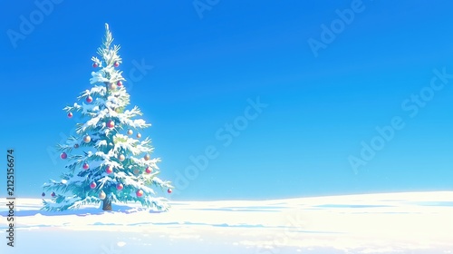 Plakat 広がる雪原に佇む飾られたクリスマスツリーと青い冬空の背景