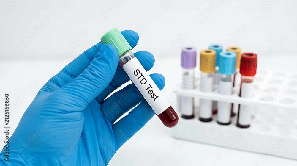 Fototapeta premium Professional medical hand in blue nitrile glove holding a blood vial for STD screening test