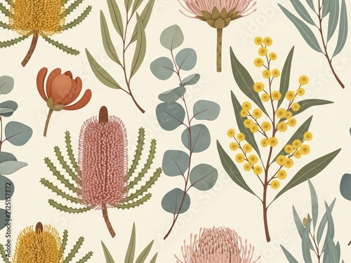 Australian native flora pattern with Banksia, Eucalyptus, and Wattle on cream, botanical motif