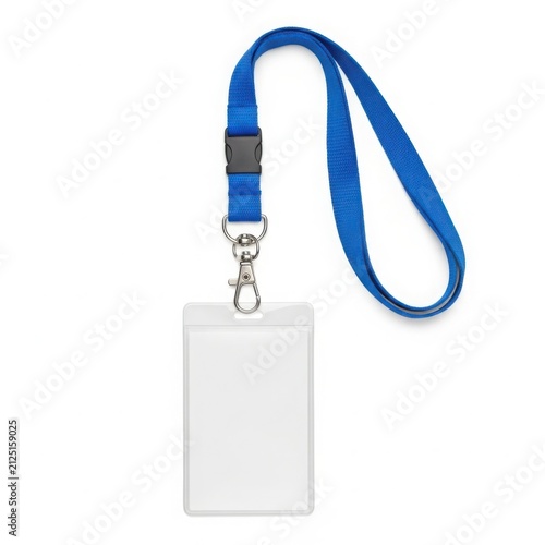 A blank vertical plastic identification badge hanging from a bright blue lanyard