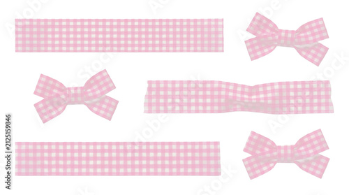 Pink and White Gingham Washi Tape Strips, Bows, Wrinkled Pieces for Crafting