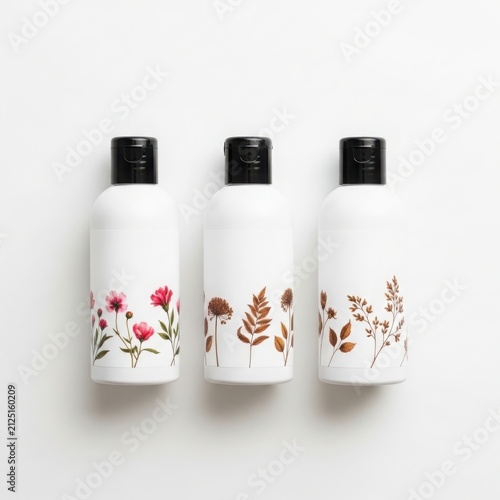 Three White Cosmetic Bottles Decorated With Delicate Floral And Botanical Line Art