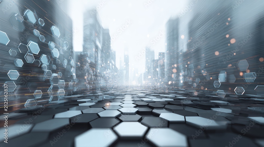 Obraz premium Abstract Urban Cityscape with Hexagonal Patterns and Blurred Background