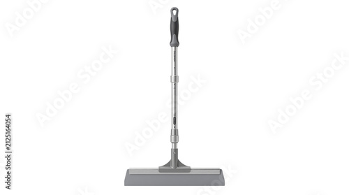 Professional floor squeegee with telescopic handle, industrial water scraper for wet surfaces, gray rubber cleaning tool on white background