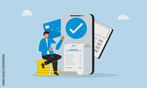 Person online mobile banking and mobile payments. Online payment with smartphone and bank application.