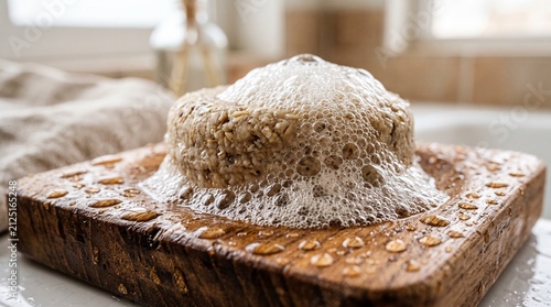 Natural solid shampoo bar with oats and essential oils creating rich lather on a wooden soap dish with water droplets