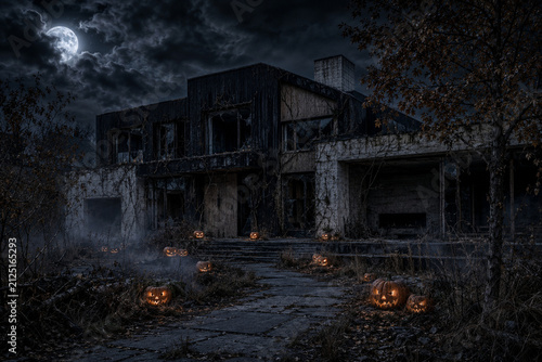 Abandoned modernist house decorated for Halloween with Jack-o'-Lanterns under a full moon.
