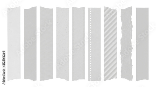 Monochrome torn paper and patterned scrapbook design elements on white