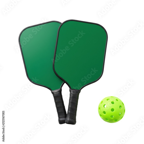 Two green pickleball paddles with black grips and a bright green perforated pickleball, arranged flat lay on a transparent background, reflecting readiness for active recreation