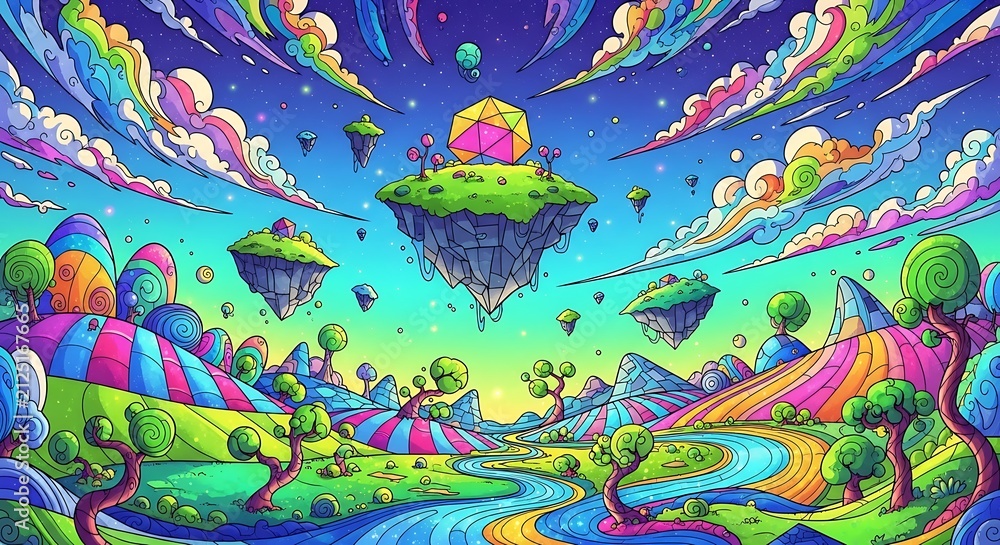 Fototapeta premium Vibrant Surreal Fantasy Landscape with Floating Islands and Psychedelic Colors.