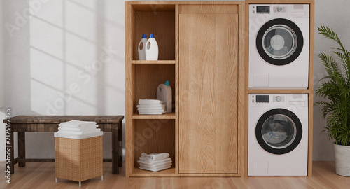 A 3D rendering of a bright, minimalist laundry room.