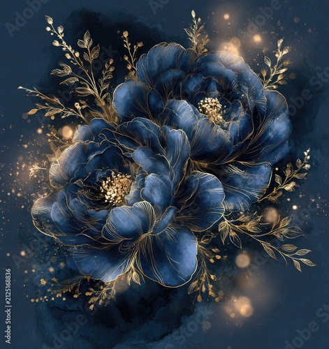 Enchanting Dark Blue Peonies with Golden Accents and Sparkles.