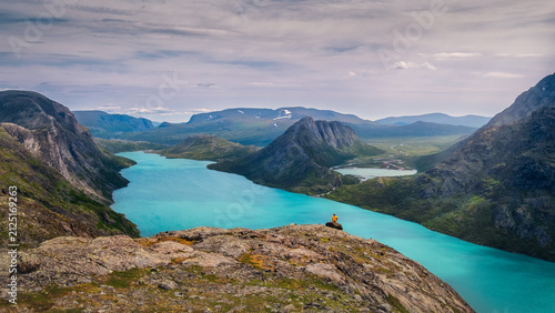 Wide landscape view of colorful lake and rugged mountains, Besseggen, Jotunheimen, Norway