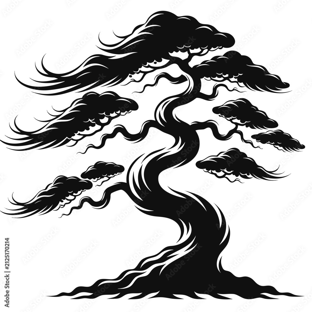 Fototapeta premium Stylized bonsai tree silhouette minimalist design with silhouette japanese minimalist oriental