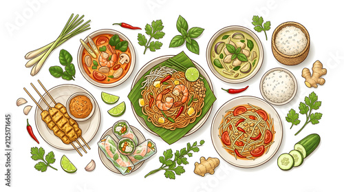 Delicious Thai Street Food Flat Lay Menu Illustration with Fresh Herbs and Spices