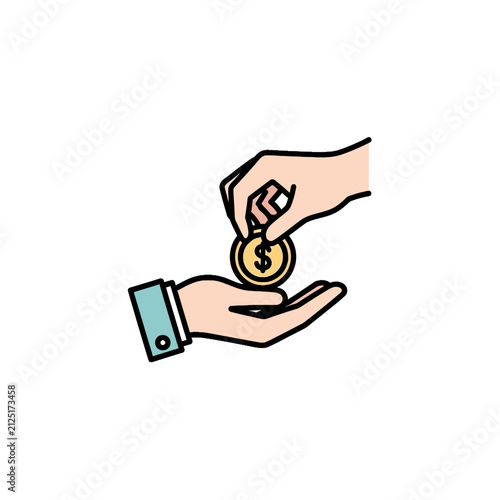 Hand giving dollar coin to another person