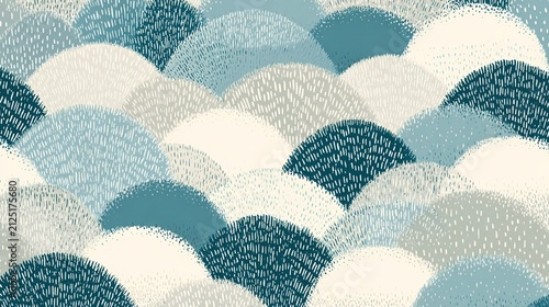 Seamless Japanese wave scale pattern with hand drawn textured dash strokes in teal, pale blue and off-white, neutral coastal repeating print for textile fabric, wallpaper, packaging, marine