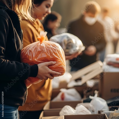 Volunteers packing food donations into bags at a community food bank.