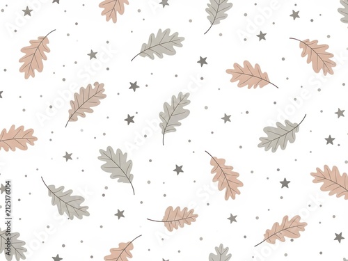 Soft pastel oak leaves and stars pattern on a white background