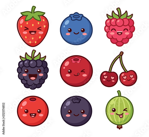 Cute Kawaii Berries Character Collection Vector Illustration