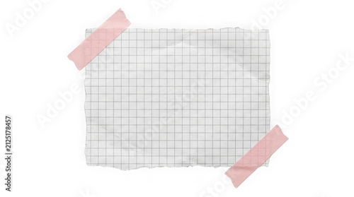 Torn grid paper note with pink tape. Ripped graph paper memo isolated on white background.
