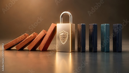 Golden padlock stopping falling domino blocks representing business risk management cybersecurity protection financial insurance and crisis prevention concept.