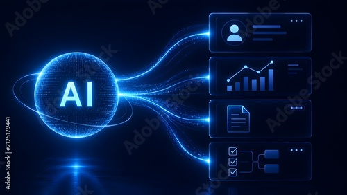 Glowing artificial intelligence sphere connecting to business data interface panels representing smart data analytics automated workflow and machine learning.