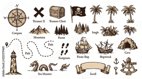 A collection of vintage-style illustrations depicting pirate adventure and treasure hunt elements like maps, ships, islands, and mythical creatures.