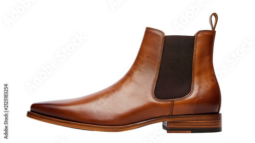 Brown leather Chelsea boot with elasticated side panels, isolated on transparent background