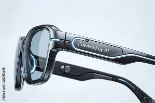 A futuristic smart glasses, with the word 'Powered by AI', the spectacle designed with advanced neural processing, adaptive vision enhancement, and voice‑guided navigation. White background, isolated.