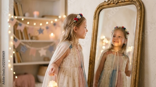 A little girl in a festive dress looks at her reflection in a vintage mirror. Side view with copy space, on blurred background for family blogs, children clothing websites, and holiday ads.