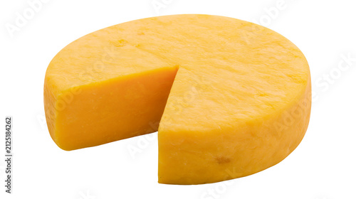 Whole cheddar cheese wheel with a slice removed, isolated on transparent background